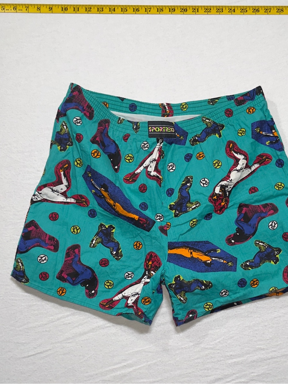 Genuine vintage 1980s Teal Men's  Swim Shorts with Surf Graphic